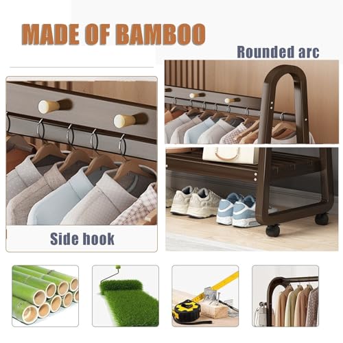 Multifunctional Rolling Clothes Rack with 3 5 Hooks Bamboo Shoe Storage Shelf Portable Garment Stand for Bedroom & Living Room Walnut Color 100CM Size - Image 5