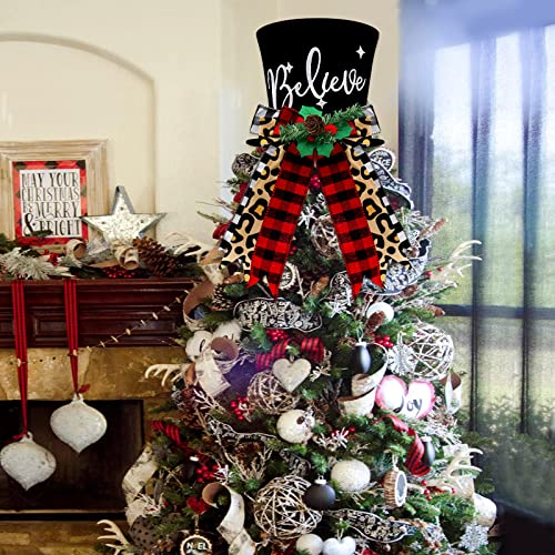Buffalo Plaid Christmas Tree Topper Top Hat With Handmade Leopard Black And Red Check Bows Xmas Believe Ornament Winter Holiday Santa Home Decoration Wreath Festive Gift Ideas Supplies #TOP7