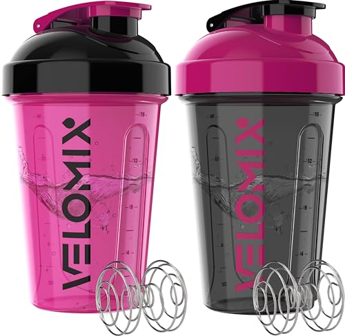 Image of VELOMIX -2 Pack- 20 oz Protein Shaker Bottles for Protein Mixes - 2x Wire Whisk | Leak Proof Shaker Cups for Protein Shakes and Pre Workout | Protein Shaker Bottle Pack (A6) Black /Pink