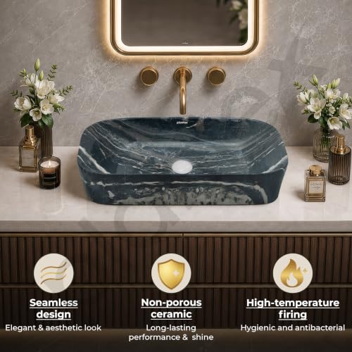 Image of Plantex Tabletop Basin for Bathroom /Ceramic Marble Wash Basin /Rectangle Countertop Hand Washbasin for Home /Office (21.5x14x5 Inch - Marble Finish)