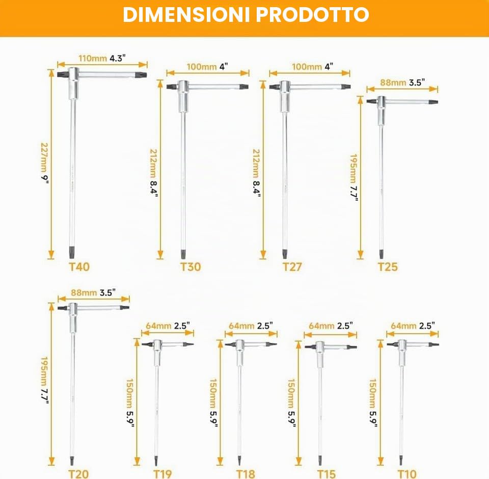 g SET DI CHIAVI TORX A T 9 PEZZI CON ASTA SCORREVOLE - AGGANCIO MULTIPLO - T8-T40