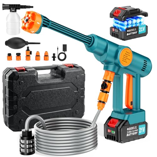 Hidrolimpiadora Bateria 3000mAh x2, Hidrolimpiadora de Alta Presion, Portátil Pistola de Agua a Presión, Boquilla 6 en 1 y Cañón de Espuma, Conexión Directa a Grifo, para Limpiar Coche, Jardín