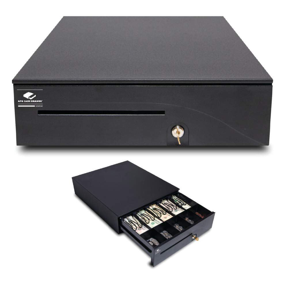 APGHeavy-Duty 16" Point of Sale Cash Drawer | Series 100 T320-1-BL1616 | MultiPRO 320 Interface w/CD-101A Cable | Printer Driven |Plastic Till 5 Bill/ 5 Coin Compartments | Black with Painted Front