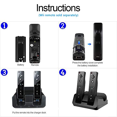 Wii U Charger, Wii Charging Station Wii Dock Stand for Wii Remote & Wii U Gamepad, 2pcs 2800mAh Batteries & Charging Cord -Black