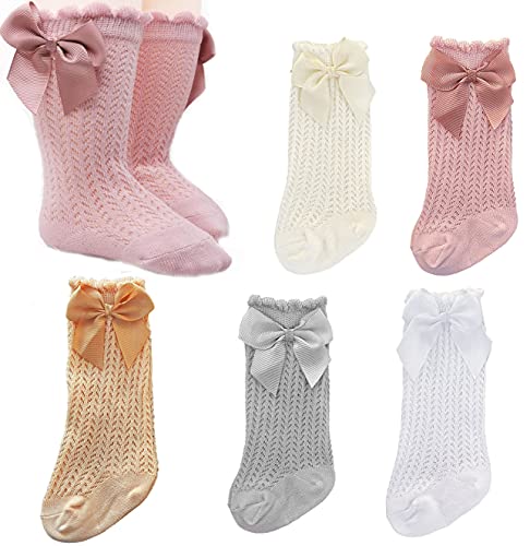 Sywwlov 5 Pairs Baby Girls Knee High Socks Infant Toddler Bow Knit Mesh Cotton Socks Tube Ruffle Stockings