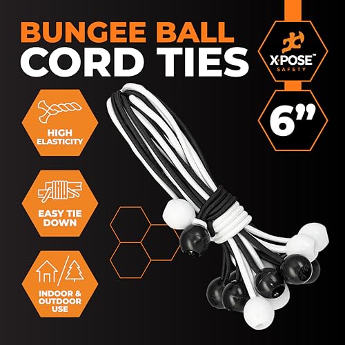 Image of Xpose Safety Bungee Ball Cords 6 inch 10 Pack Heavy Duty Assorted Colors Black and White Stretch Rope with Ball Ties for Canopies, Tarps, Walls, Cable Organization