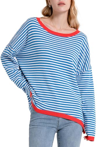 Image of Womens Striped Lightweight Cotton Sweaters Long Sleeve Crew Neck Color Block Casual Knitted Pullover Tops
