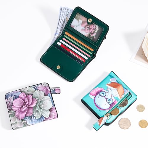 Image of Toughergun Happy Flower Floral RFID Small Wallet Women, Slim Thin Vegan Leather Bifold Wallet with Zipper Coin Pocket & ID Window, Cute Mini Travel Credit Card Holder Gift for Women Ladies Teen Girls