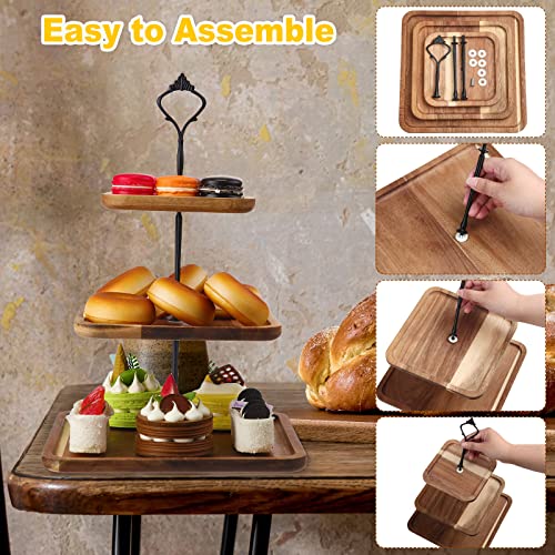 3 Pcs 3 Tier Serving Tray Square Wooden 3 Tiered Cake Stand Acacia Wood Serving Stand Rustic Wooden Cupcake Stand For Dessert Square Farmhouse Serving Stand Display For Party, Wedding, Tea Party #TOP2