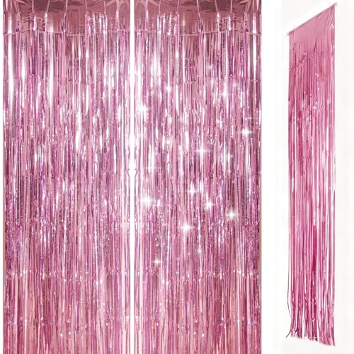 ZSYIULIA Pink Foil Door Curtain Decorations 2pcs 3.2ft x 8.3ft Tinsel Curtains Fringe Backdrop Pink Streamers Door Hanging Decoration for Birthday Wedding Bridal Shower Bachelorette Party.