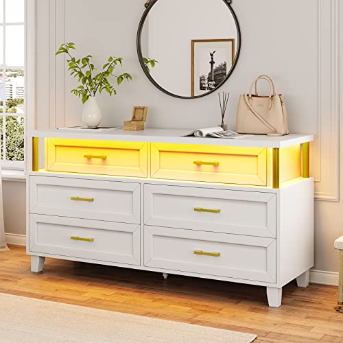 Aogllati White Dresser For Bedroom, 6 Drawer Dresser With Led Light, Dressers & Chests Of Drawers With Column Design, Modern Bedroom Wood Long Closet Dresser For Bedroom #TOP2