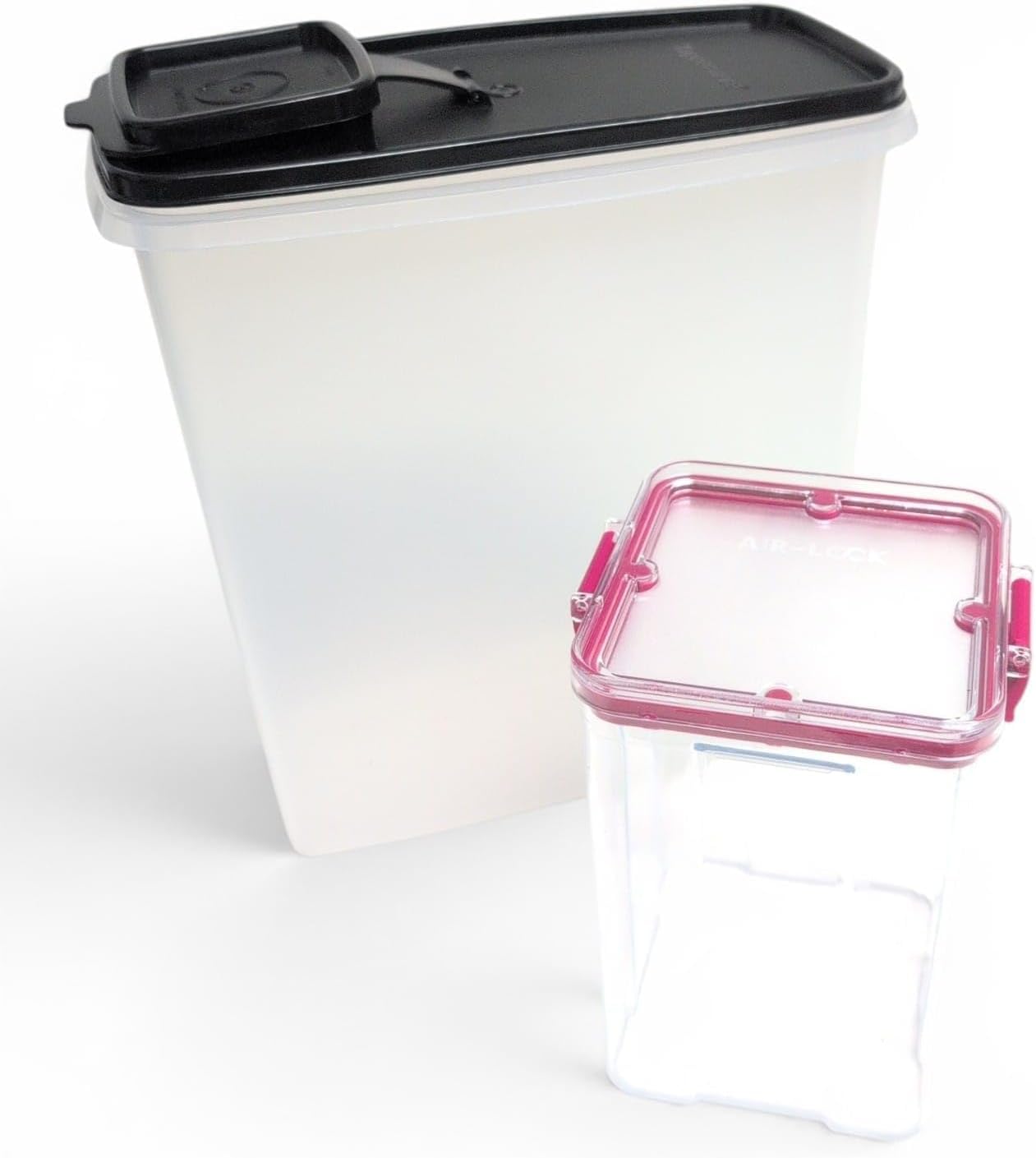 Tupperware Eidgenosse 4,5 l czarny przezroczysty pojemnik na zapasy + Airlock Eidgenosse 1,1 l Clear Collection czerwony – modułowy system lodówki na mąkę, cukier, makaron i zapasy