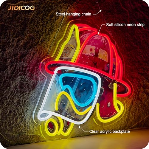 Image of Firefighting Helmet Neon Sign, Fireman Fire Fighter Pop Art LED Light USB Powered Dimmable for Hero Wall Decor Man Cave Gift (13.5 X 12.5 In)