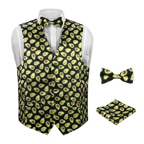 Men's Dress Vest AVOCADO Pattern Design with Black Background. Guac Aguacate Mens BOW Tie and Hanky Set