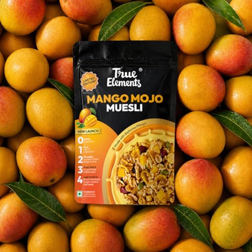 Image of True Elements Mango Mojo Muesli 350 g with Alphonso Mango | Healthy Breakfast Cereal | High Fiber, Protein Rich | Rolled Oats, Seeds & Grains | No Added False Claims | Limited Edition