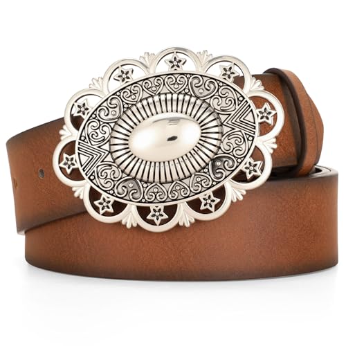Women's Western Leather Belt Vintage Buckle Brown Belt Cowboy Cowgirl Faux Leather Belt