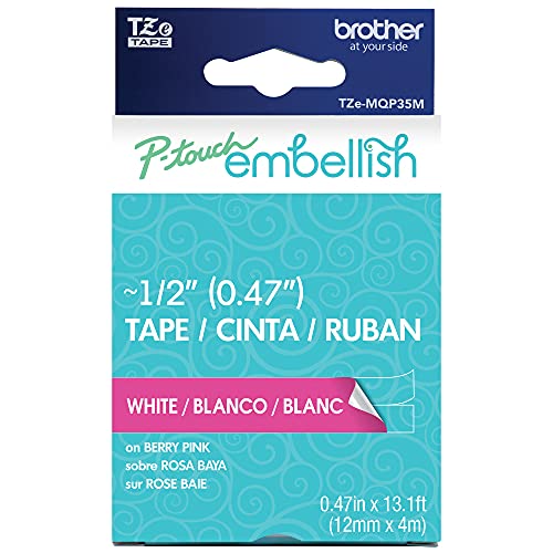 Image of Brother P-Touch Embellish White Print on Berry Pink Tape TZE-MQP35M - ~1 /2 inch Wide x 13.1' Long (12mm x 4m)