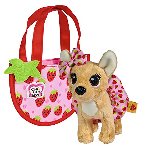 Con borsa: nella borsa a forma di mezzaluna con motivo a fragole, il piccolo cane di peluche ha abbastanza spazio e può godere di una splendida vista durante le passeggiate insieme ai bambini e può essere portato ovunque