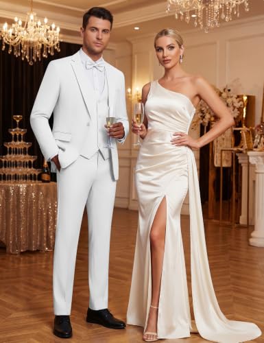 Image of WULFUL Men's Slim Fit Suit One Button 3-Piece Blazer Dress Business Wedding Party Jacket Vest & Pant