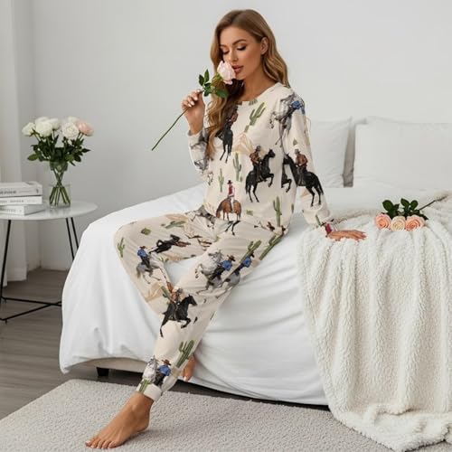 Image of Womens Lounge Set Long Sleeve Soft Pajama Sets Casual 2 Piece Pj Outfit Crewneck Sleepwear with Pockets Plus Size