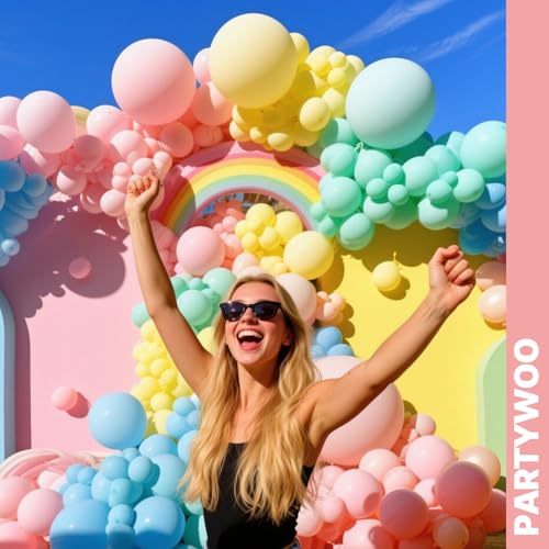 Image of PartyWoo Pastel Balloons 66pcs 12 Inch Pastel Rainbow Latex Balloons for Baby Shower Gender Reveal Engagement Bachelorette Easter Bridal Shower Anniversary Retirement Birthday Party Decorations