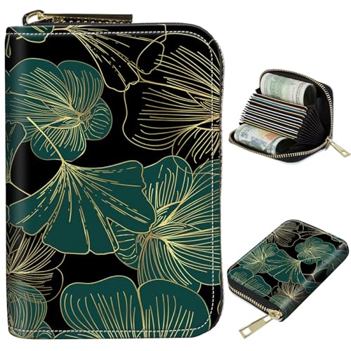 Image of Cute Credit Card Holder with Zipper, Art Leaf RFID-Blocking Card Case Small Wallet for Women Men, Multi-slot Card Organizer Case Travel Accordion Wallet