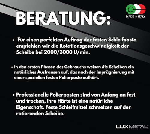 Lux Metal Kit 1 Polierpaste 250 g und 1 Polierscheibe aus Baumwolle 150 mm S-Fine zum Polieren von Metallen Edelstahl Aluminium Eisen Poliert Chrom Plexiglas Marmor Messing Kupfer Kunststoff