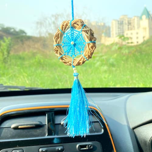 Rooh Dream Catcher ~Blue Wreath Car Hanging ~ Handmade Hangings for Positivity (Can be Used as Home Decor, Gift, Wall Hangings, Meditation Room, Yoga Temple, Wind Chime & Feather Car Hanging)