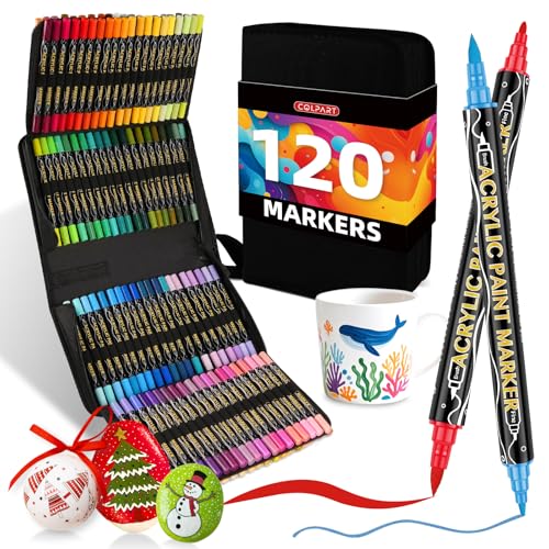 colpart 120 Colors Acrylic Paint Markers,Dual Tip Acrylic Paint Pens,Brush Tip and Fine Tip Markers For Rock Painting,Easter Decorations,Plastic,Easter Eggs,Canvas And Diy Crafts Art Supplies