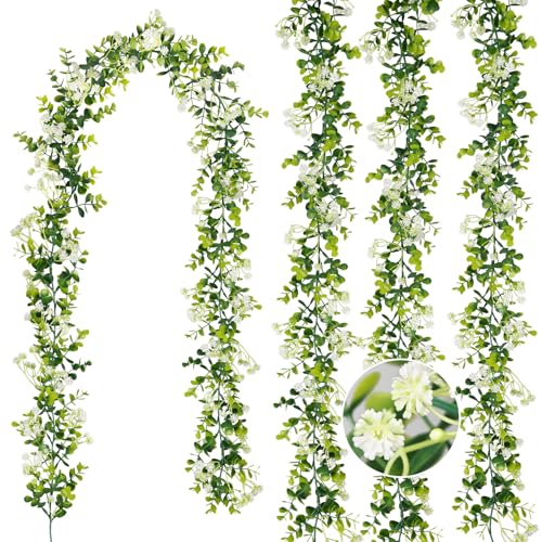 HIAGROW 6FT Eucalyptus Garland with Flowers, 4 Pack Greenery Hanging Summer Eucalyptus Garland Suitable for Table Wedding Backdrop Arch Wall Party Thanksgiving UV Protected Indoor Outdoor Decorations