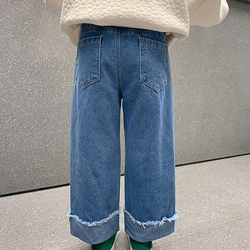 Toddler Baby Girls Denim Pants Straight Floral Pattern Embroidered Jeans Kids Girls Pocket Loose (Blue, 8-9 Years)3