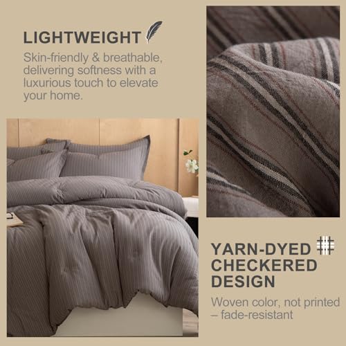 Image of 100% Cotton Comforter Set Queen Size - Reversible Yarn-Dyed Stripe Design, Soft Washed Cotton on Both Sides, Lightweight All-Season Bedding, Machine Washable(Dark Grey Stripe, 90 inchx90 inch)
