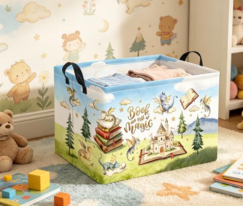 Image of Rectangular Baby Kids Storage Basket for Home Kitchen Girls Cute Toy Storage Bin Organizer Shelf Book Room Decor(Magic Dinosaur)