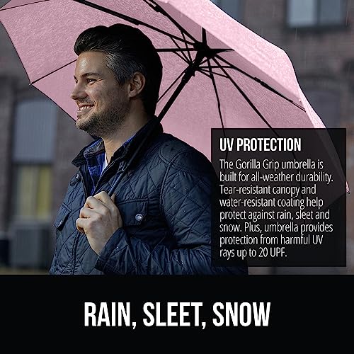 Image of GORILLA GRIP Compact Travel Size Umbrella for Rain, Sleek Design Fits Backpack, Purse and Carry On, Lightweight Under 1lb, One Click Open and Close, Wind Resistant, Durable Waterproof Quick Dry, Pink