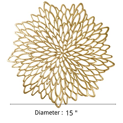 Set Of 6, Gold Metallic Vinyl Round Placemats Laminated Plastic Morden Dining Table Decoration, Leaf By Snowkingdom #TOP3