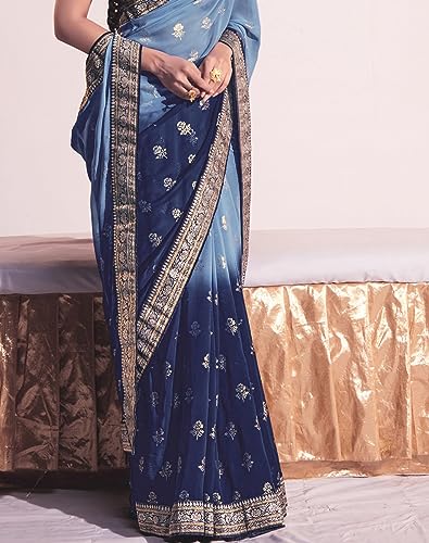 Image of SIRIL Women's Lace & Foil Printed Georgette Saree with Unstitched Blouse Piece(2826S479 Dark Blue, Sky Blue)