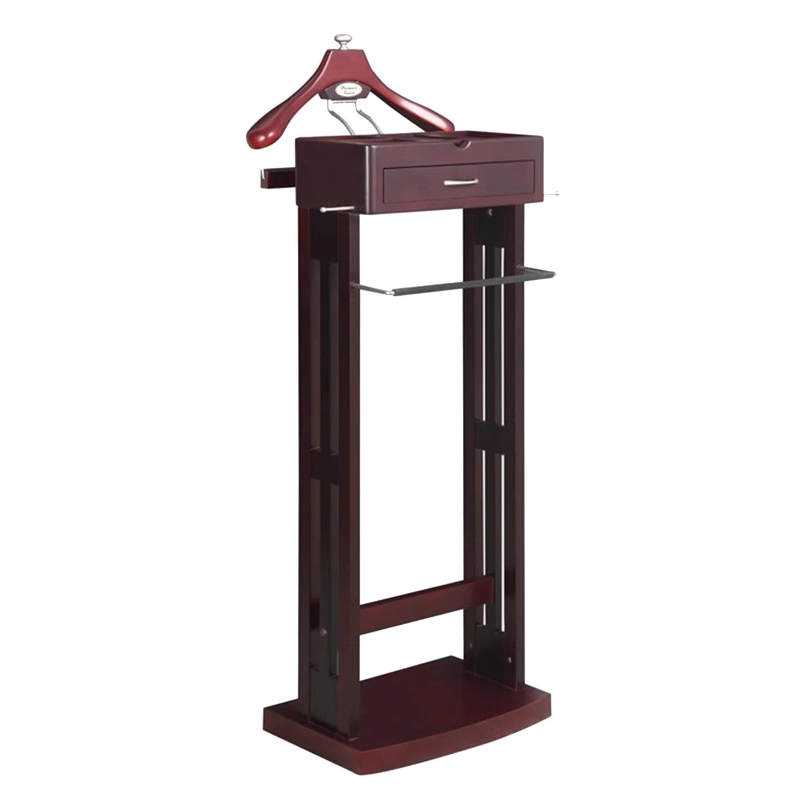 Preferspace Wooden Suit Valet Stand for Men with Shoe Shelf Hat Rack and Coat Hanger Free Standing Clothes Organizer Bedroom Storage