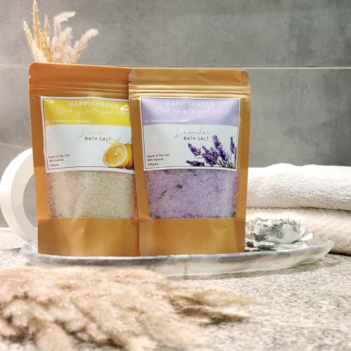Image of Happishades Bath Salt | For Body & Foot Spa, Calming, Relaxing, Muscle Aches Pain Relief, Aromatherapy | Pure & Natural Epsom, Sea Salt & Essential Oils - 200 grams (Lavender & Lemon)