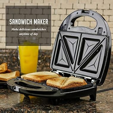 Ovente Electric Indoor Sandwich Grill Waffle Maker Set with 3 Removable Non-Stick Cast Iron Cooking Plates, 750W Countertop Breakfast Bread Toaster Perfect for Grilled Cheese Egg Steak, Black GPI302B