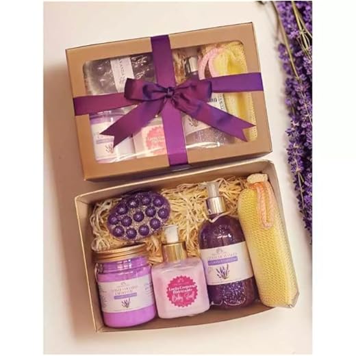 Kit SPA Relaxante Luxo, 6 Peças, Sais de Banho, Geleia de Banho, Loção Hidratante, Sabonete Massageador, Bucha, Aroma Floral
