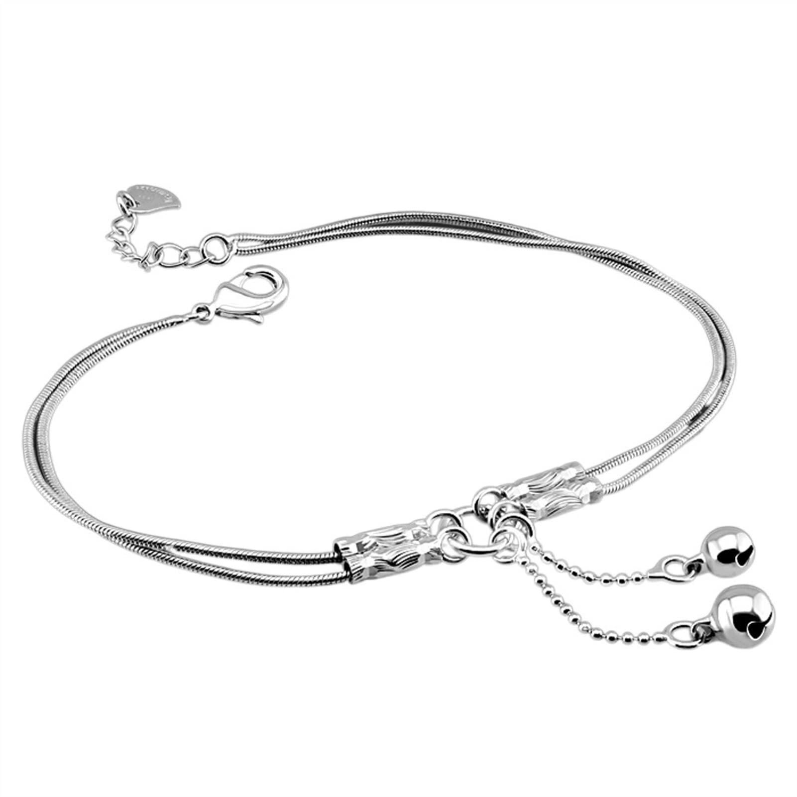 Cavigliere Moda Ragazza carina Cavigliere a campana Donne Cavigliere a catena in argento sterling 925 Cavigliere a catena doppia contratta Cavigliere da 27 cm Cavigliere da donna