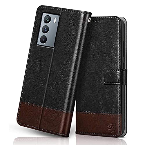 Image of FLIPPED Vegan Leather Flip Case Back Cover for iQOO 9 SE 5G (Flexible, Shock Proof | Hand Stitched Leather Finish | Card Pockets Wallet & Stand | Black with Brown)