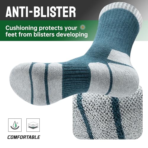 Mens-Walking-Socks-Merino-Wool-Hiking-Socks-for-Men-Women-Cushioned-Anti-Blister-Wicking-Sports-Socks-Crew-Performance-Athletic-Socks-for-Work-Running-Cycling-Trekking-Trainer-Outdoor-3-Pairs