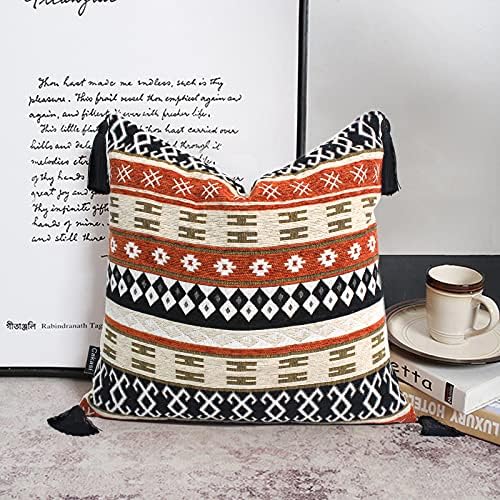 Cakasi Decorative Aztec Pattern Throw Pillow Cover 18x18 Inch Boho, Black-Orange Throw Pillows Cover Decorative Textured Square Tassel Pillow Covers for Couch, Bed, Sofa, Kids Room