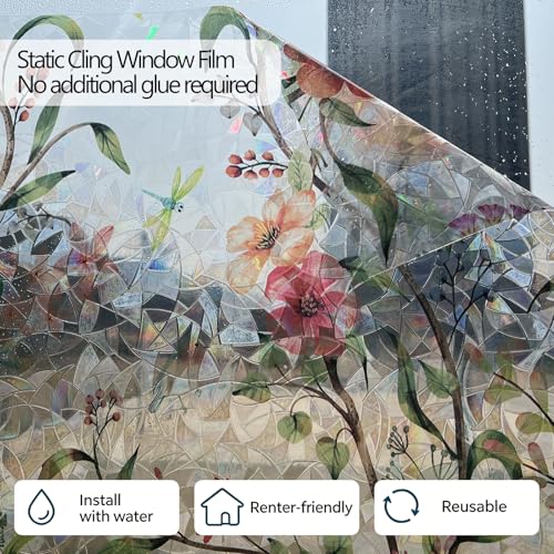ZHMRROAD Window Privacy Film Stained Glass Rainbow Floral 17.5 x 118.1 inch - image 6