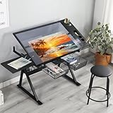 LiviNest Height Adjustable Drafting Table - Modern Tempered Glasses Artist Drawing Table Tilted...