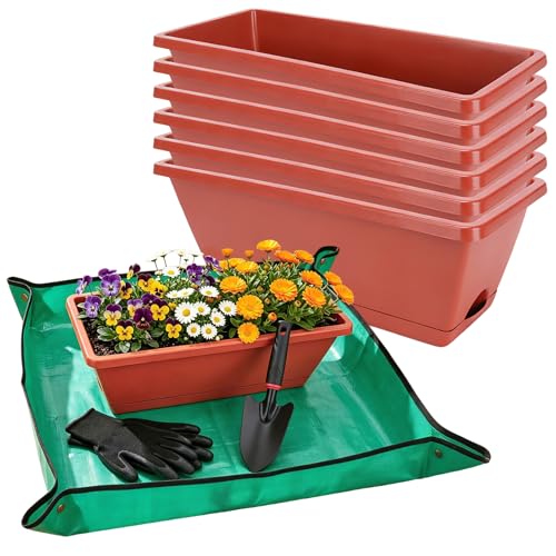 CAKKVDE 7 Pack Window Box Planters 17 Inch Plastic Rectangular Flower Pots for Indoor/Outdoor Plants Herbs Vegetables Includes Trowel Waterproof Mat & Gloves (Brick-red)