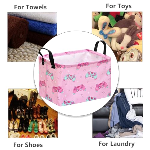 Image of MAIZMZ Girls Storage Basket,Pink Controller Print Kids Hamper,Waterproof Lining, Leather Handles, Collapsible for Gamer Girls, Toys, Clothes, Gift Basket