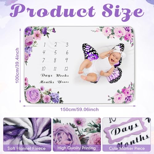 Image of Chumia Baby Monthly Milestone Blanket for Girl 59 inch x 39 inch Floral Butterfly Photo Prop Blankets Baby Age Milestone Blanket with 2 Felt Floral Wreath Frame