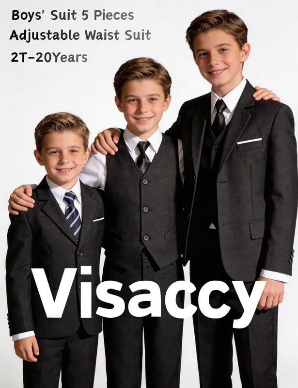 Image of Visaccy Boys Formal Suit Slim Fit Tuxedo Suits for Kids Ring Bearer Outfit | Toddler Boy Suits Set,Adjustable Waist,Dress Clothes